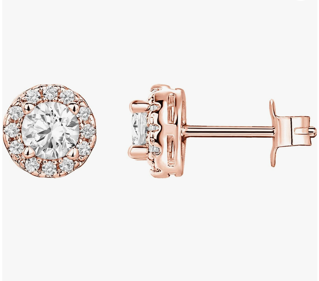 Classic Rose Gold Round Solitaire Halo Stud Earrings